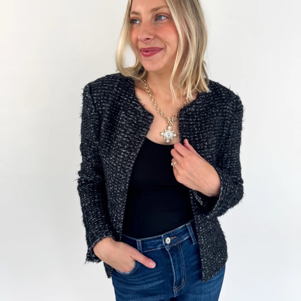 Mariah Black & Silver Elevated Cardigan - Women's Black Tweed Jacket Small